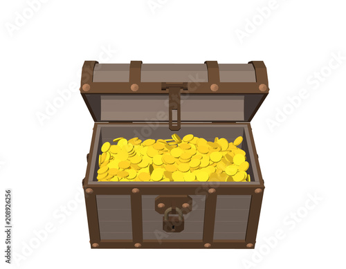 Wooden chest with golden coins. Isolated on white background.