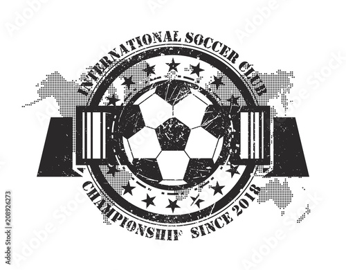 Abstract grunge football badge with world map and scratch dust particle elements . Flat design . Vector for international world championship tournament cup 2018