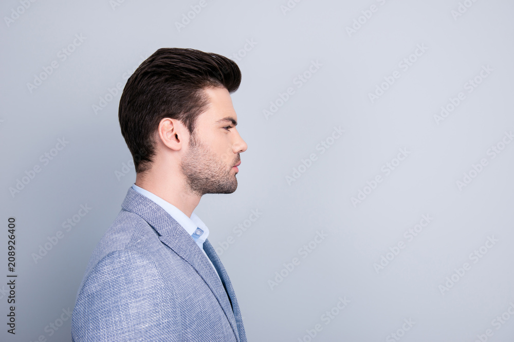 Side view profile portrait with copy space of stunning manly man