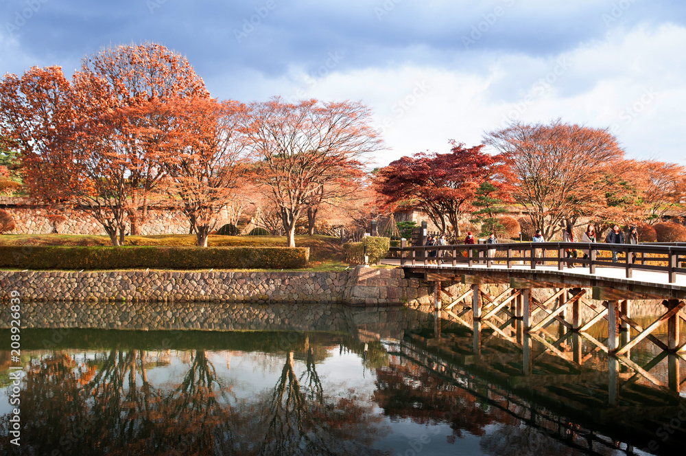 Goryokaku castle park with canal and bridge historic landmark of Hakodate, Hokkaido
