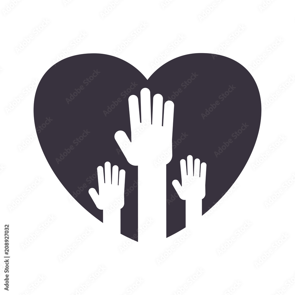 Fototapeta premium Logotype with the symbol of unity. Human hands are raised, palms open. Work in a team, a public association. Flat vector cartoon illustration. Objects isolated on a white background.