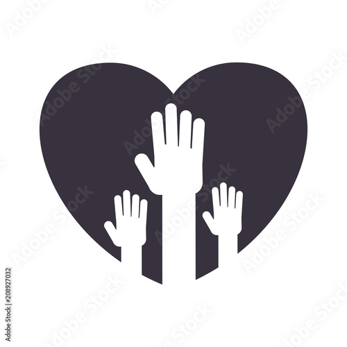Logotype with the symbol of unity. Human hands are raised, palms open. Work in a team, a public association. Flat vector cartoon illustration. Objects isolated on a white background.