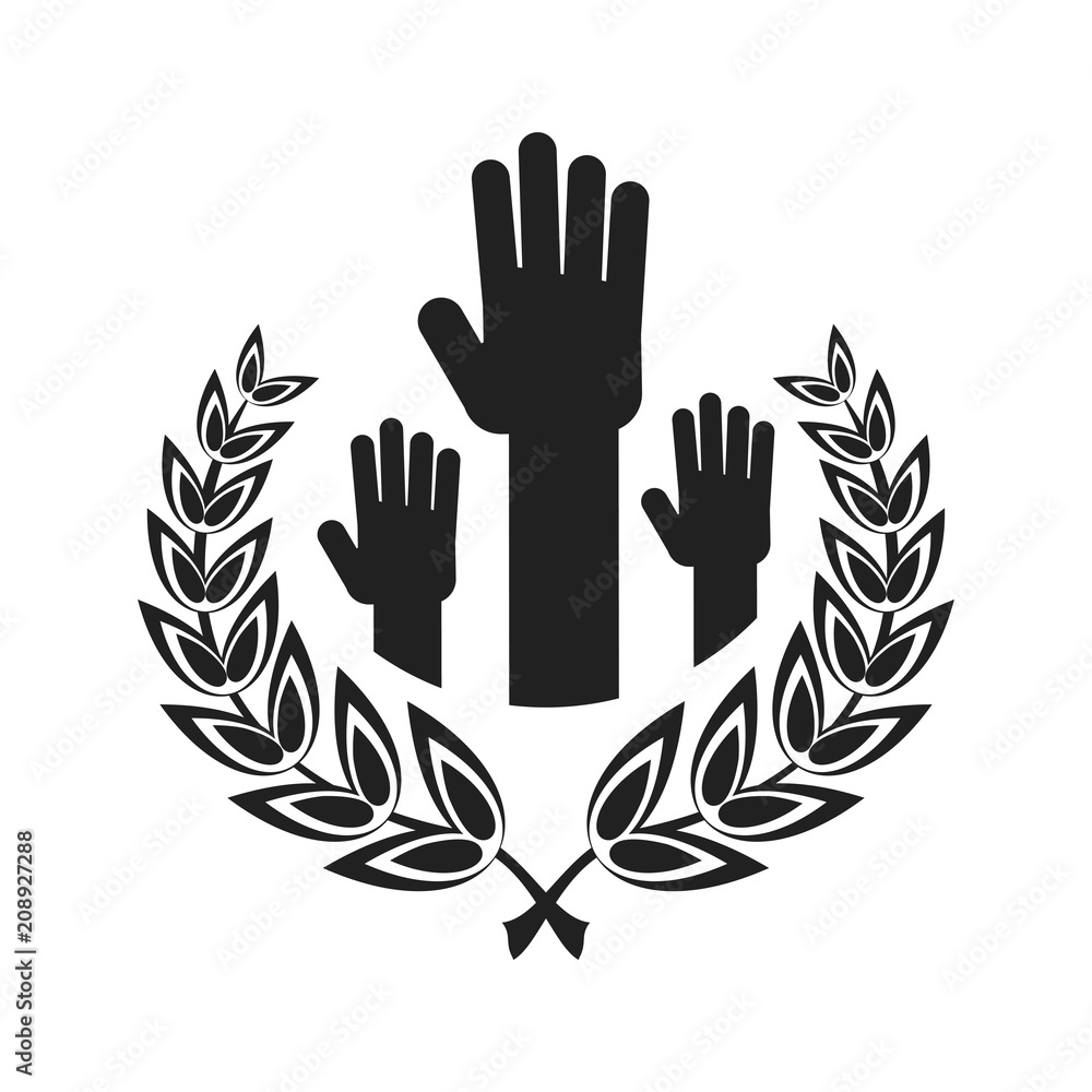 Logotype with the symbol of unity. Human hands are raised, palms open. Work in a team, a public association. Flat vector cartoon illustration. Objects isolated on a white background. Stock Vector | Logotype with the symbol of unity. Human hands are raised, palms open. Work in a team, a public association. Flat vector cartoon illustration. Objects isolated on a white background. Stock Vector |