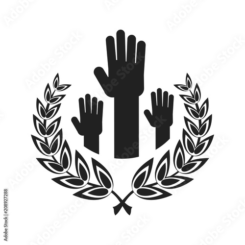 Logotype with the symbol of unity. Human hands are raised, palms open. Work in a team, a public association. Flat vector cartoon illustration. Objects isolated on a white background.