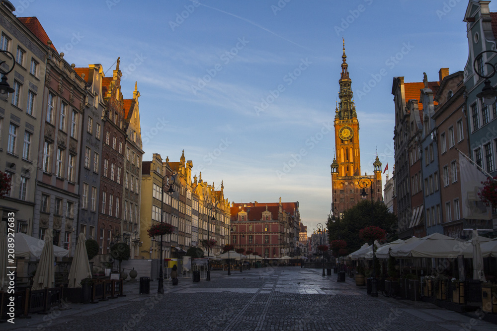 View of the beautiful tower of the City Hall at dawn of Gdansk. Poland
