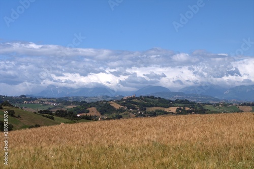Italy Sibillini mountains hill crops cereals landscape countryside sky clouds horizon