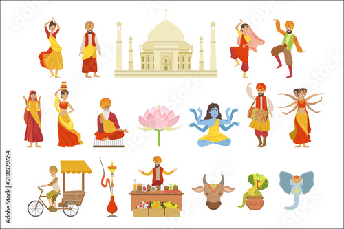Dancing, Holy Cow And Other Indian Cultural Symbol Drawings