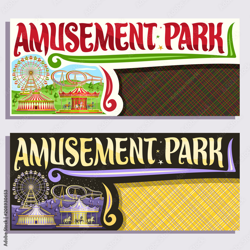 Vector tickets for Amusement Park with copy space, cartoon ferris wheel ...