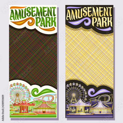 Vector vertical banners for Amusement Park with copy space, cartoon ferris wheel, roller coaster, merry go round carrousel with horses, circus big top, original brush typeface for words amusement park