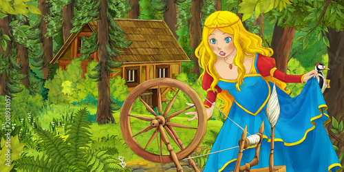 Fototapeta Naklejka Na Ścianę i Meble -  cartoon scene with happy young girl in the forest encountering hidden wooden house - illustration for children