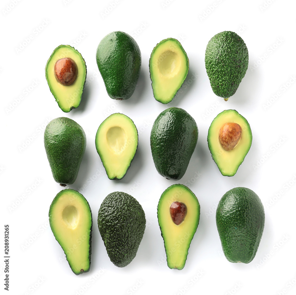 Fresh avocados on white background, flat lay Fresh avocados on white background, flat lay