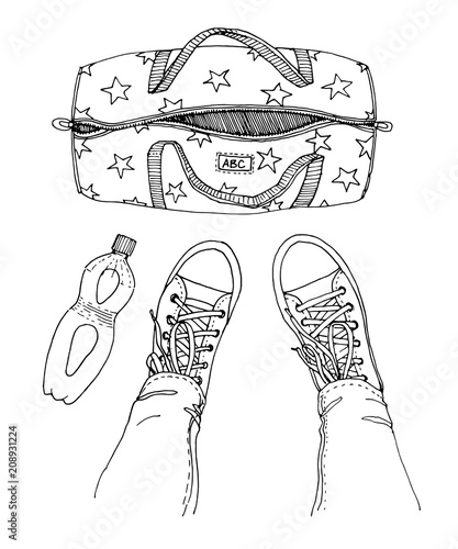 Vector illustration of sports bag, bottle of water and legs in sports shoes, sneakers. Black and white. View from above