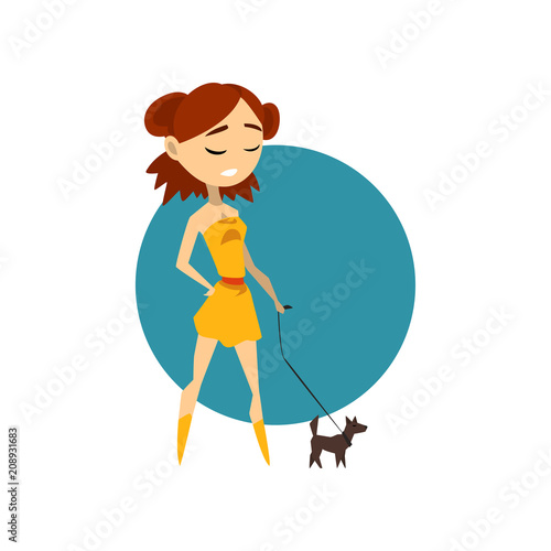 Cool fashionable girl with little dog vector Illustration on a white background