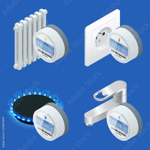 Water meter, analog electric meter, heat meter, gas meter for the private house isolated on white background. Sanitary, Electrical equipment.