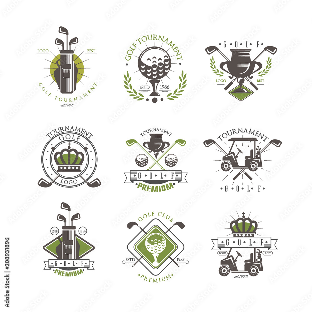 Golf tournament logo set, vintage labels for golf championship, sport club, business card vector Illustration on a white background