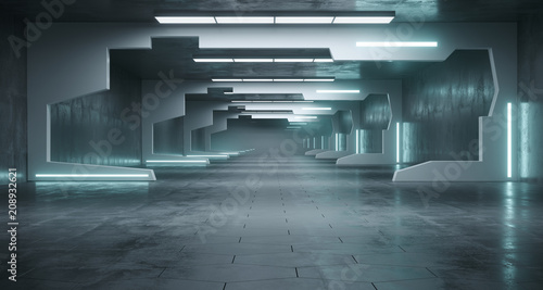 Fototapeta Naklejka Na Ścianę i Meble -  Futuristic Sci-Fi Space Ship Corridor With Blue Led Lights And Conrete Hexagon Floor.3d Rendering