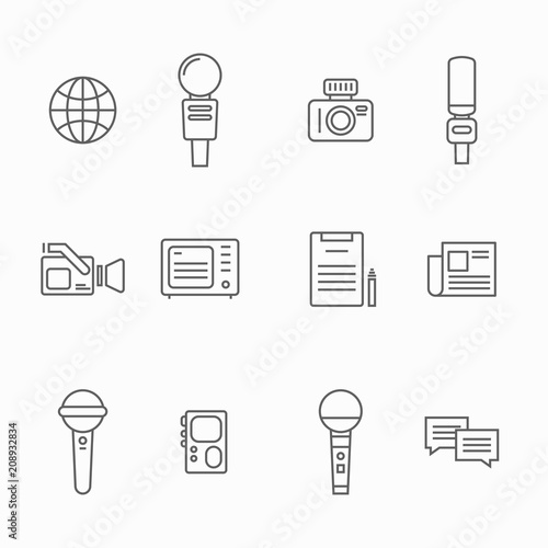 Journalist vector line icons. News interviewer attributes as a microphone, camera, dictaphone using for interview recording voice or video registration. Reporter illustartions. Editable stroke.