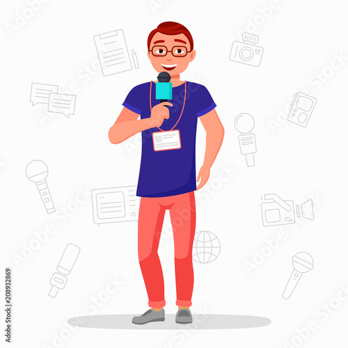 Journalist with microphone vector flat illustration . News reporter isolater on white background. Media news broadcasting. Presentation new product. Speach on a scene. News Corespondent. TV presenter.