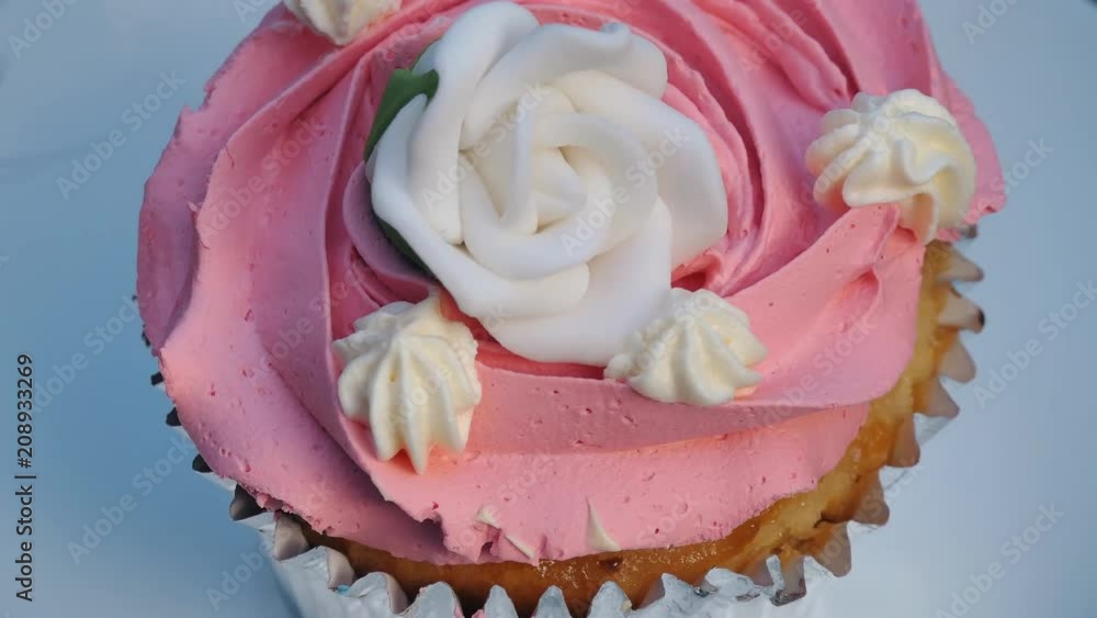 A cupcake with flower, white and pink frosting. A cupcake with flower, white and pink frosting.