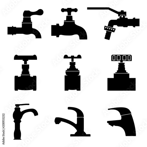 Faucet and tap icons set. Silhouette vector