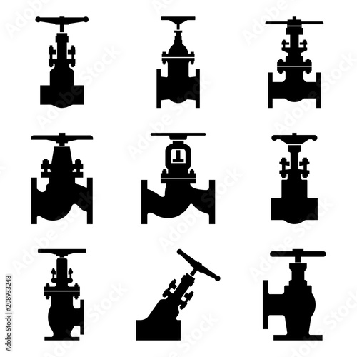 Set of various forms of industrial valves. Silhouette vector photo