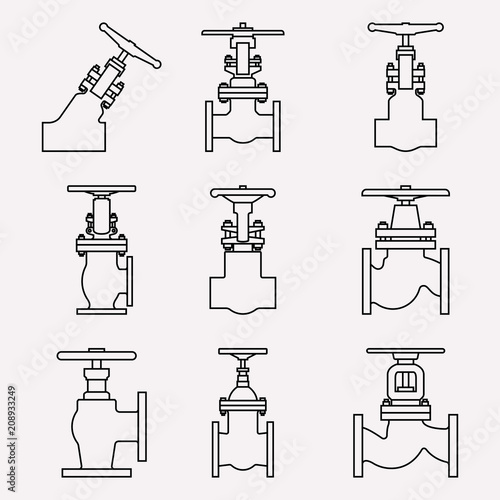 Set of various forms of industrial valves. Thin line vector photo