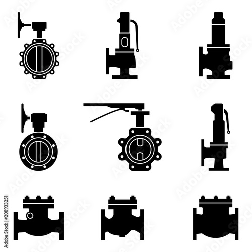 Set of various types of industrial valves. Silhouette vector