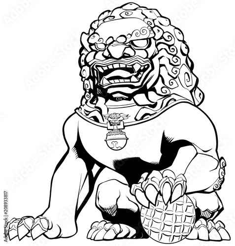 Fototapeta Naklejka Na Ścianę i Meble -  Chinese Lion on White / Hand drawn illustration of Chinese lion in black and white.