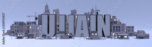 Ujjain lettering name, illustration 3d rendering city with gray buildings . photo