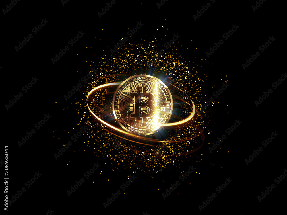 Bitcoin with glowing lights..Gold bitcoin symbol. Coins on black background.