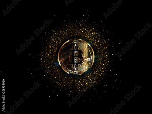 Bitcoin with glowing lights..Gold bitcoin symbol. Coins on black background.