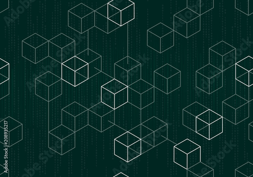 Modern digital blockchain pattern with binary data on dark green background photo