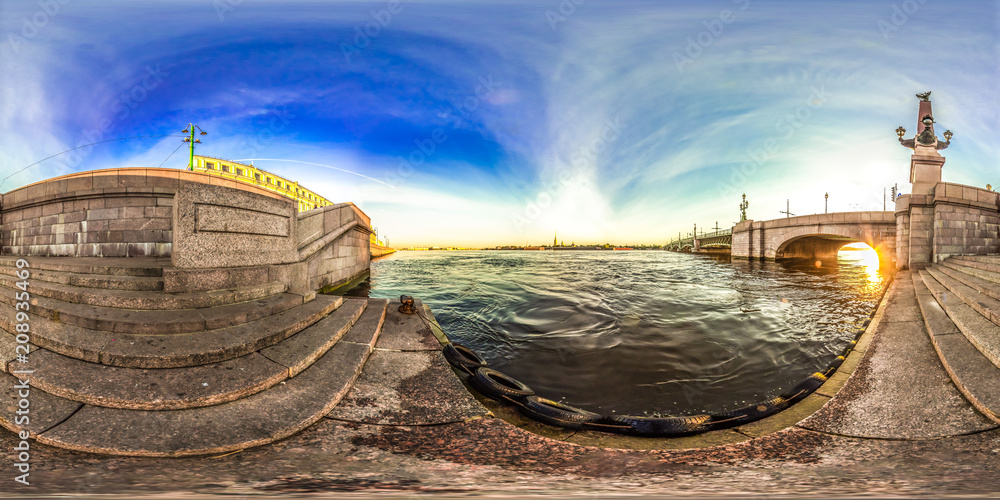Saint-Petersburg - 2018: View of the Neva. White nights. Blue sky. 3D spherical panorama with 360 viewing angle. Ready for virtual reality. Full equirectangular projection.