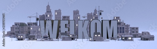Welkom lettering name, illustration 3d rendering city with gray buildings . photo