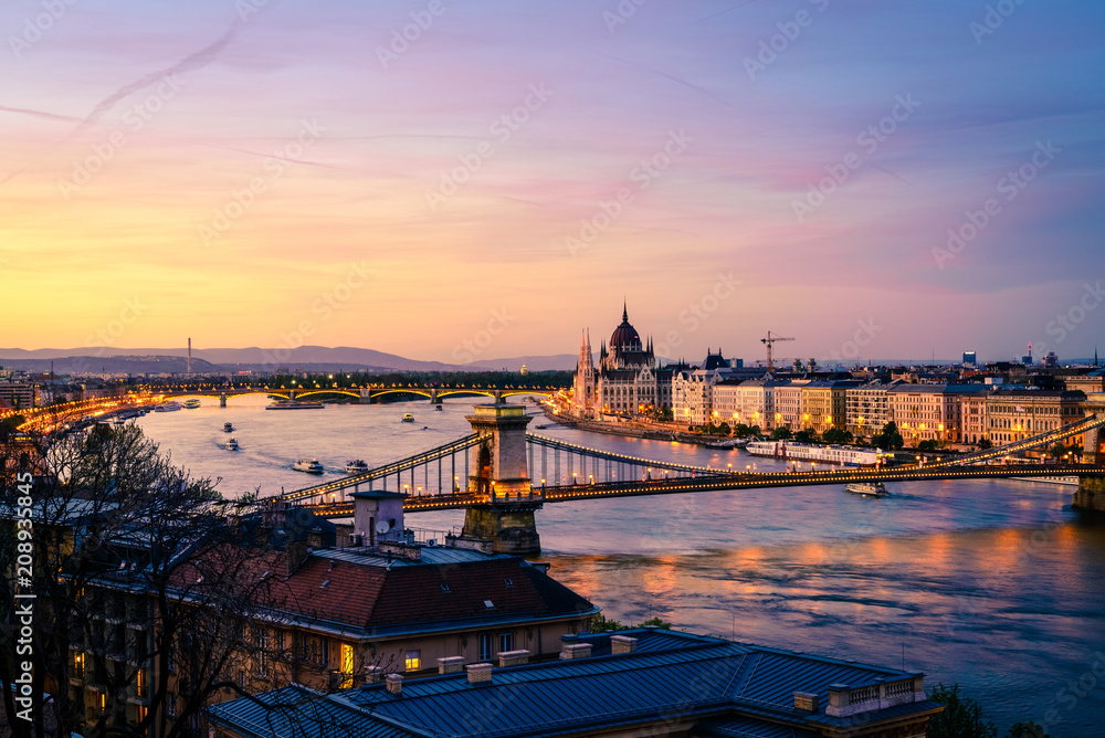 Budapest and the Danube River after sunset