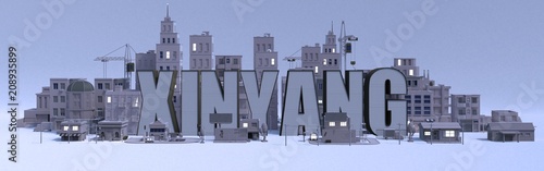 Xinyang lettering name, illustration 3d rendering city with gray buildings . photo