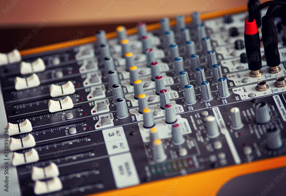 Audio studio sound mixing equalizer equipment board sliders and faders Audio studio sound mixing equalizer equipment board sliders and faders