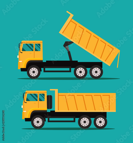 Heavy tipper unloads cargo isolated. Vector flat style illustration