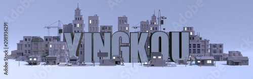 Yingkou lettering name, illustration 3d rendering city with gray buildings . photo