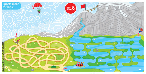 Sports maze for kids. Puzzle for development logic in children. Sports theme maze bike, parachute, rowing and climbing. Use for educational books, board games, wallpapers. Vector illustration.