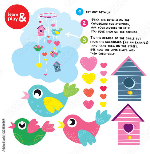 Collection of colorful birds and birdhouses. Educational decoration game for children s room near window above crib. With tips on how to cut and raise constructions Vector illustration. play and learn