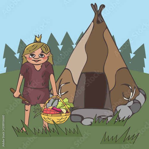 primitive girl with vegetable basket near hut