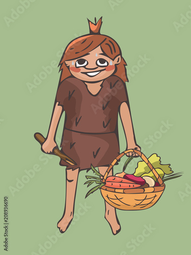 primitive girl with vegetables basket and digger stick
