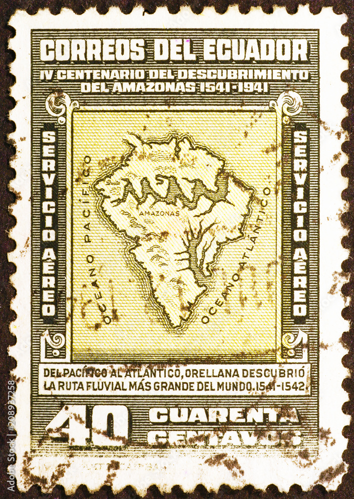 Ancient map of South America on old stamp