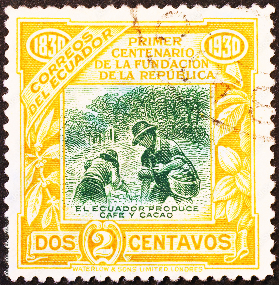 Coffee & cocoa production in ecuadorian stamp of 1930