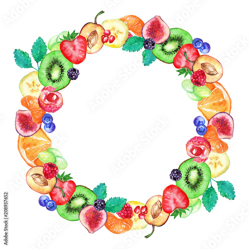Watercolor fruit berry sweet summer frame border isolated