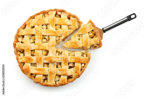 Tasty homemade apple pie on white background photo