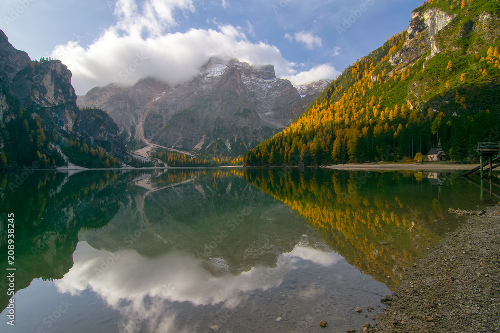 Scenic view of Braies Lake at autumn day