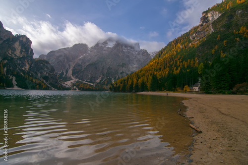 Scenic view of Braies Lake at autumn day