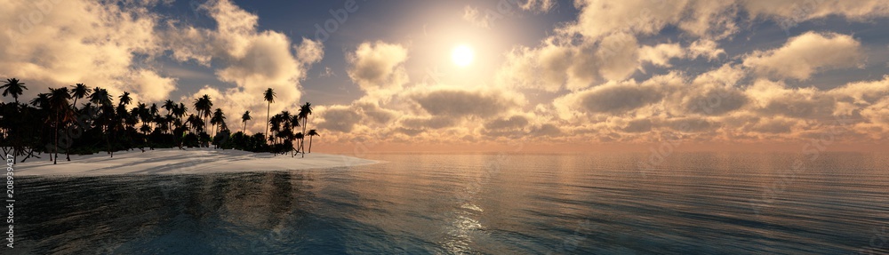 panorama of the beach with palm trees at sunset, sea sunrise,
3D rendering